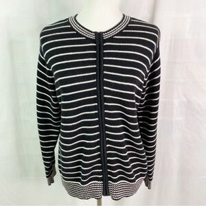 Talbots Vintage Black White Striped Full Zip Cardigan Sweater XL